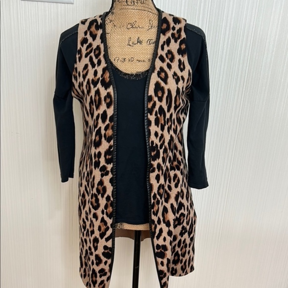 Chico's Animal Print Open Cardigan - Black and Tan 100% Cotton